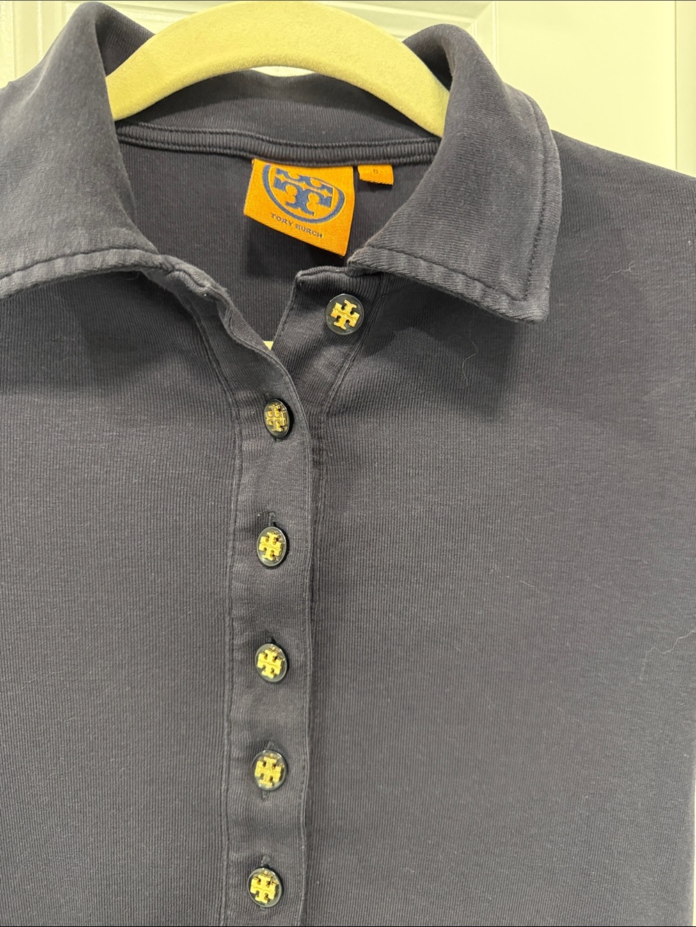 Tory Burch Navy Short-Sleeve Button Polo with Logo Buttons - Picture 2 of 3